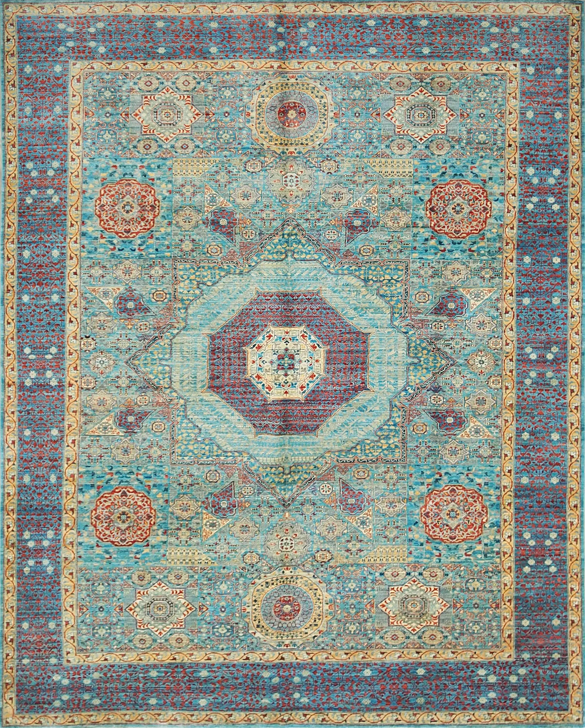 10x14 Ft Light Blue Mamluk Rug - Hand Knotted Afghan Area Rug
