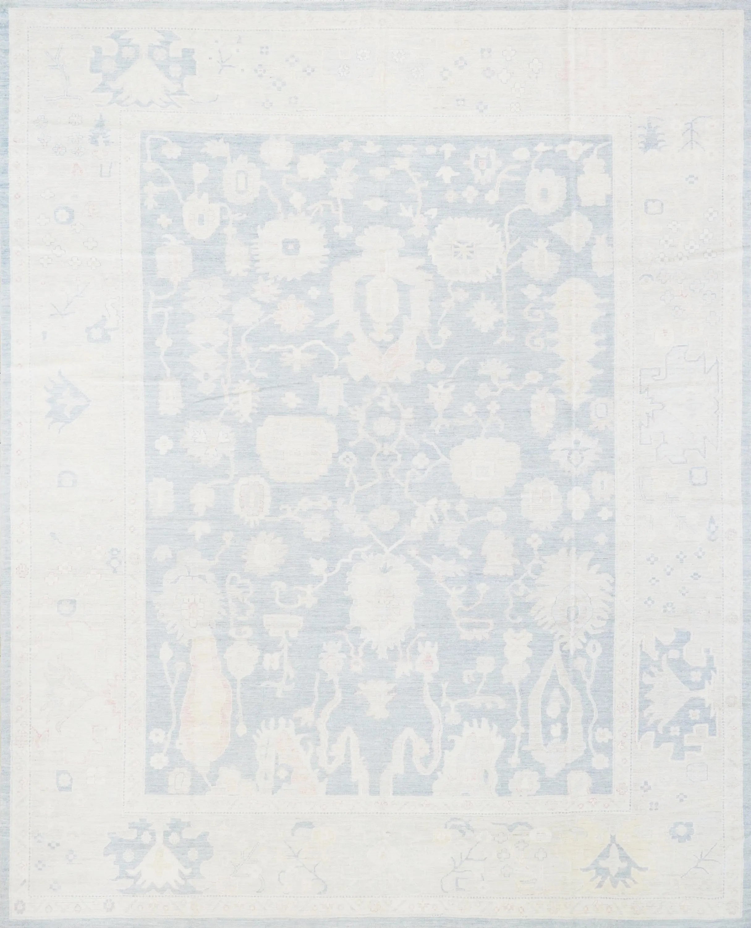 12x15 Ft Muted Ushak Rug - Traditional Wool Area Rug - Blue & White Turkish design