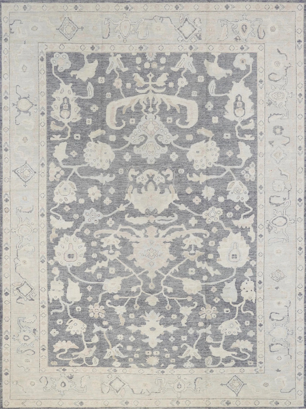 10x14 Ft Light Black Oushak Rug - Hand Knotted Afghan Rug - Turkish Floral Design