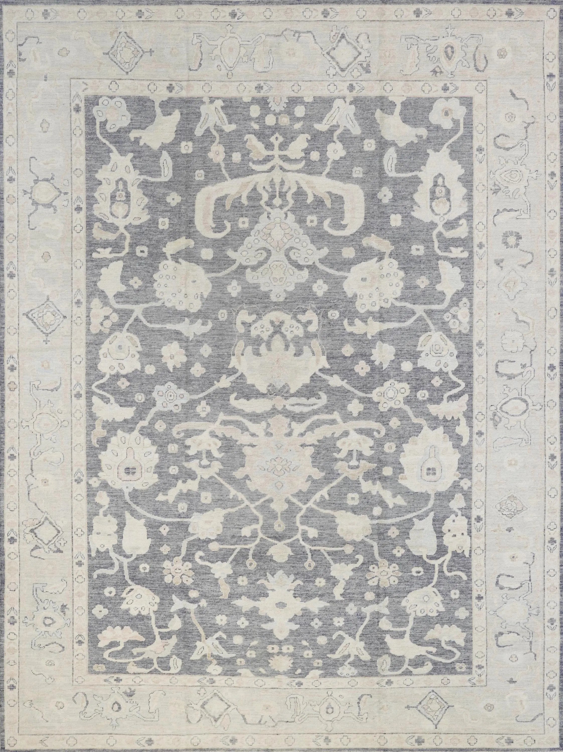 10x14 Ft Light Black Oushak Rug - Hand Knotted Afghan Rug - Turkish Floral Design