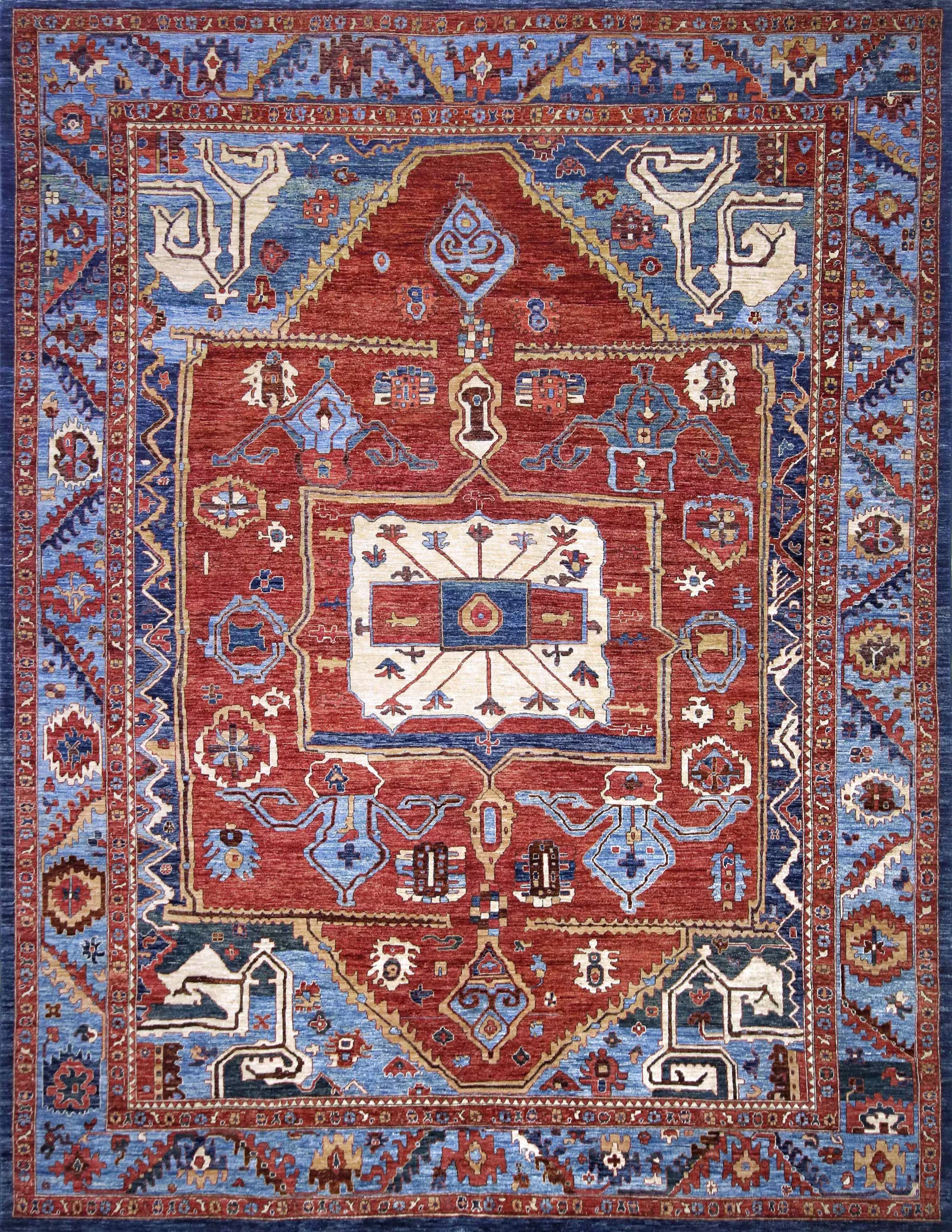 9x12 Ft Red & Blue Heriz Rug - Afghan Oriental Area Rug - Persian Design