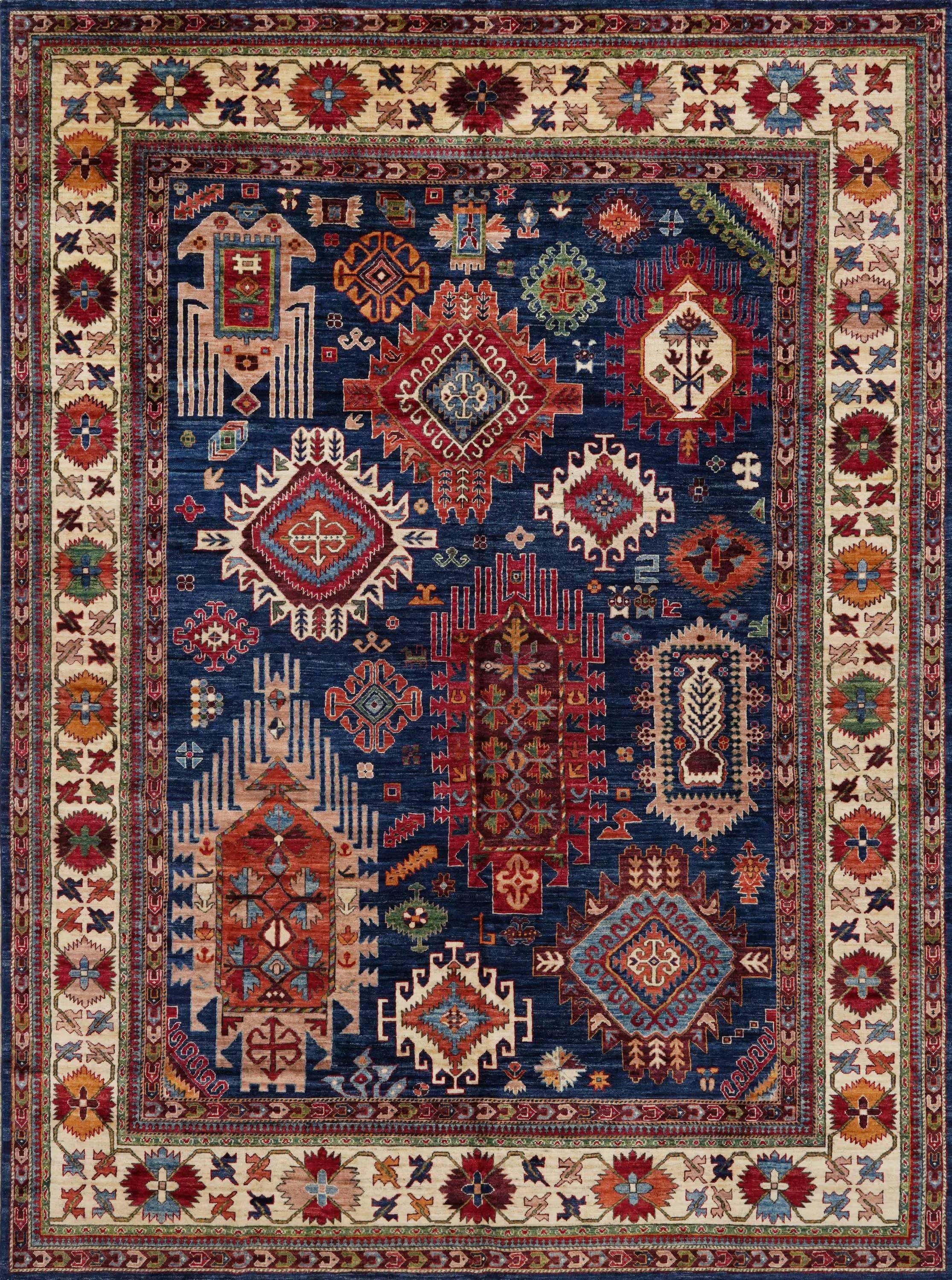 9x12 Ft Blue Kazak Rug - Afghan Oriental Area Rug - Persian Design