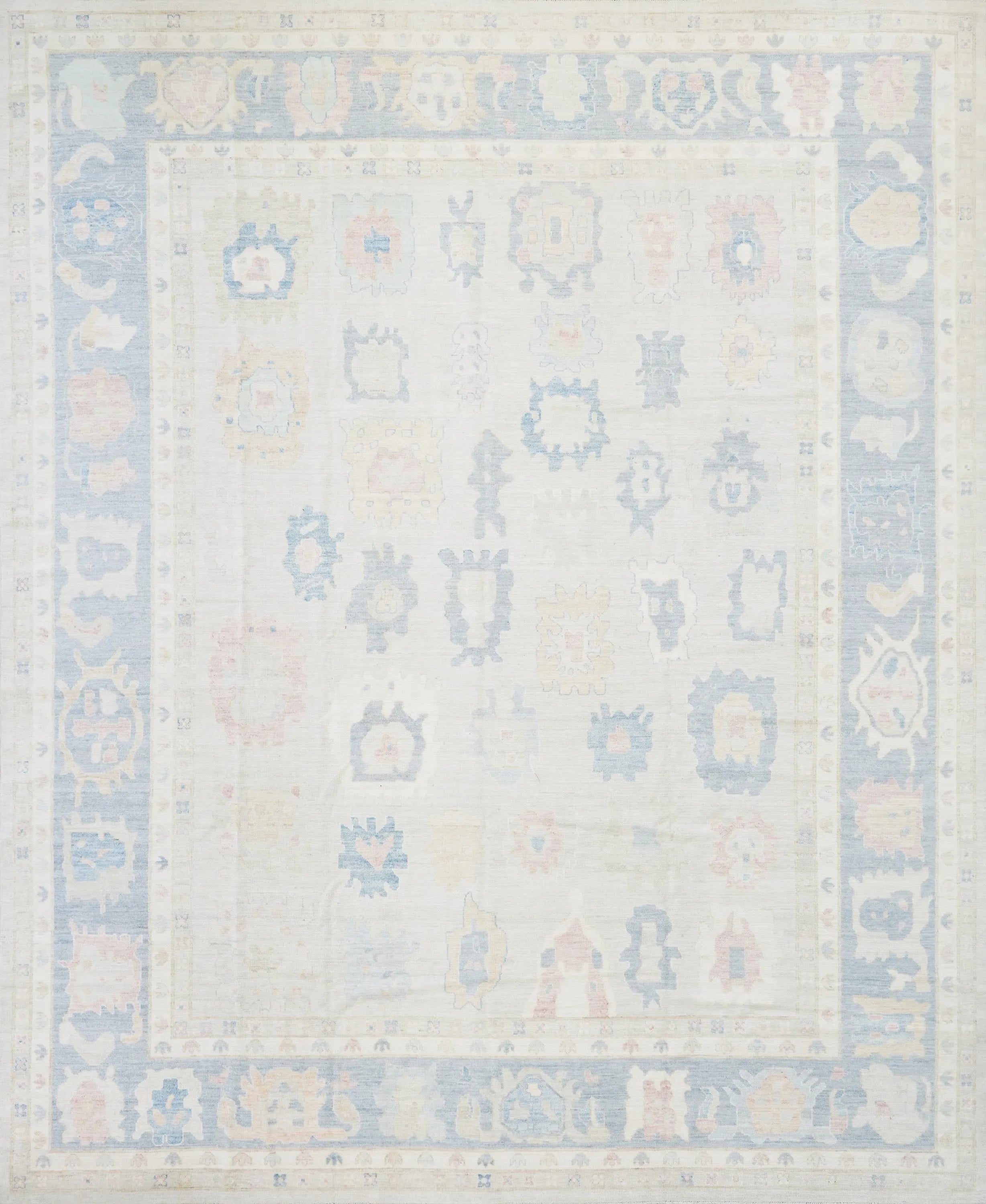12x15 Ft Muted Ushak Rug - Traditional Wool Area Rug - White & Blue Turkish design