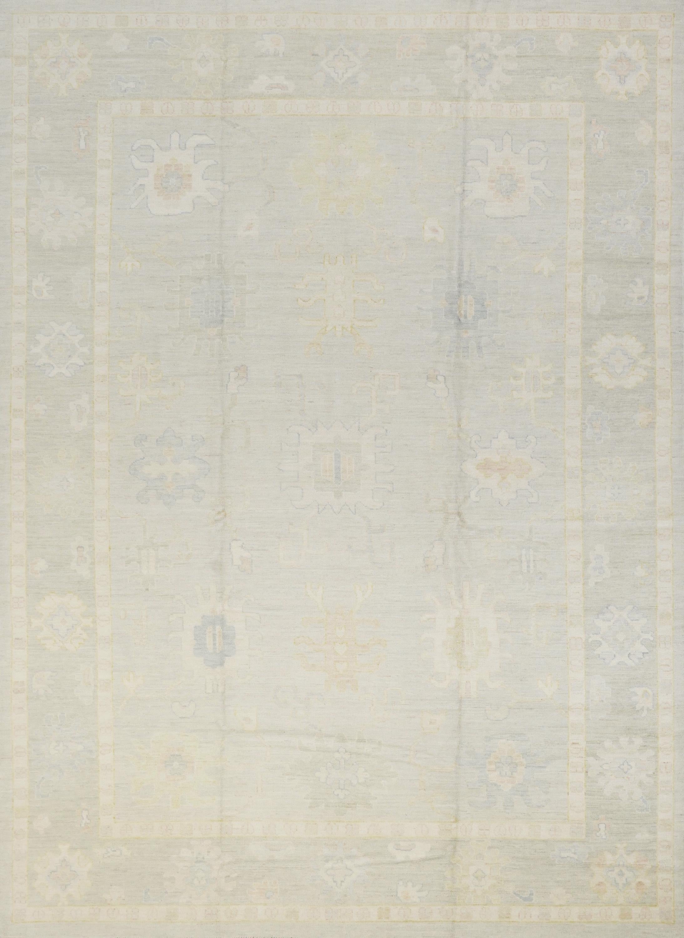 10x14 Ft Muted Green Ushak Rug - Hand Knotted Afghan Rug - Turkish Floral Design