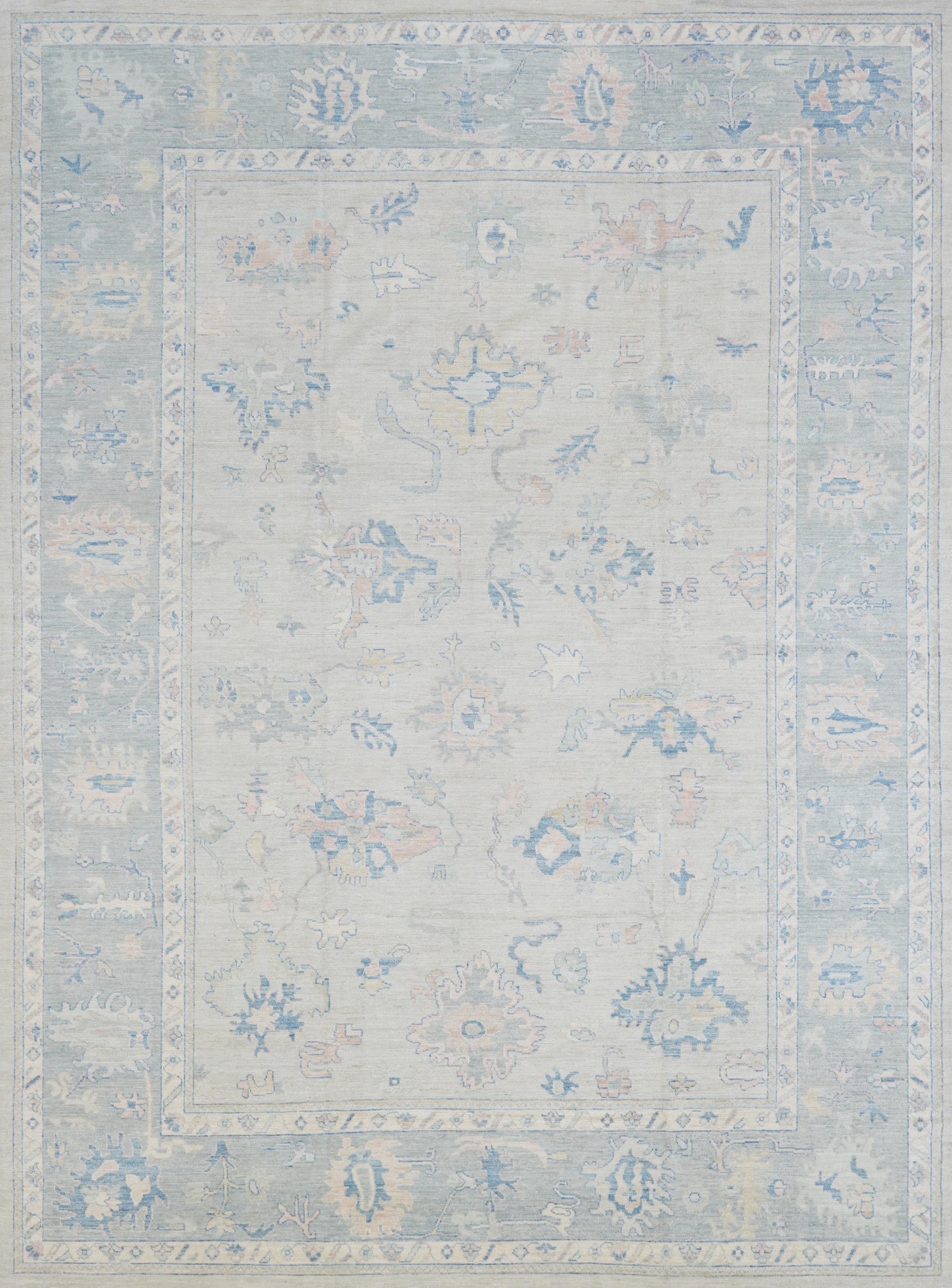 10x14 Ft Muted Blue & Orange Oushak Rug - Hand Knotted Afghan Rug - Turkish Floral Design