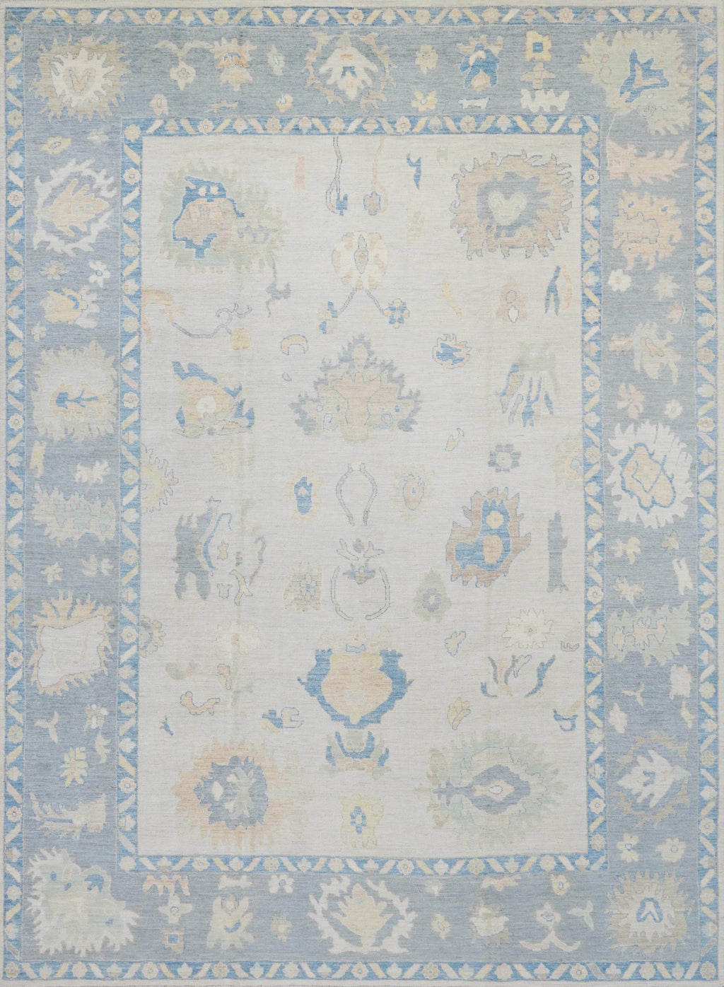 10x14 Ft Muted Blue & Orange Oushak Rug - Hand Knotted Afghan Rug - Turkish Floral Design