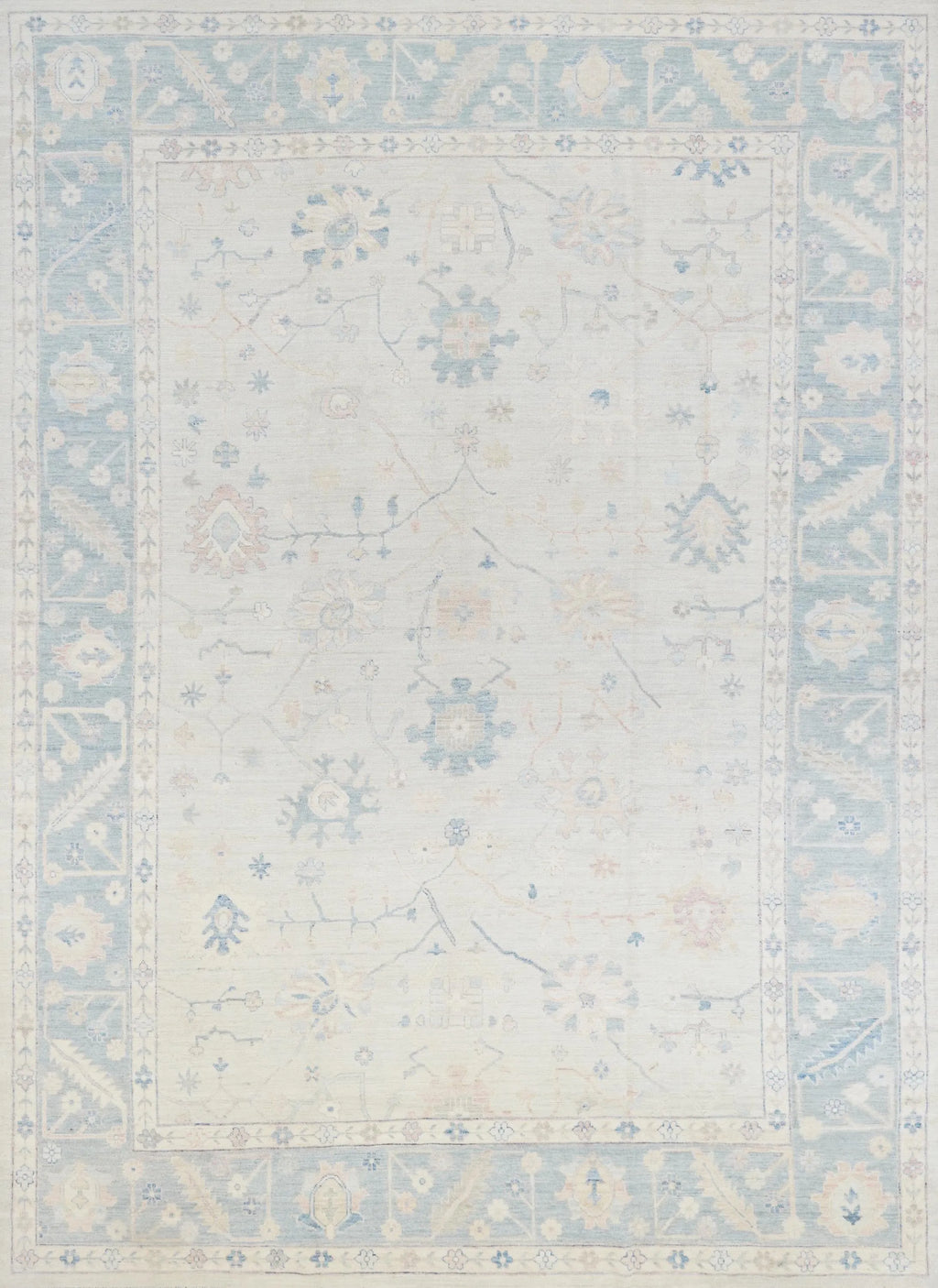 10x14 Ft Blue Oushak Rug - Hand Knotted Afghan Rug - Turkish Floral Design