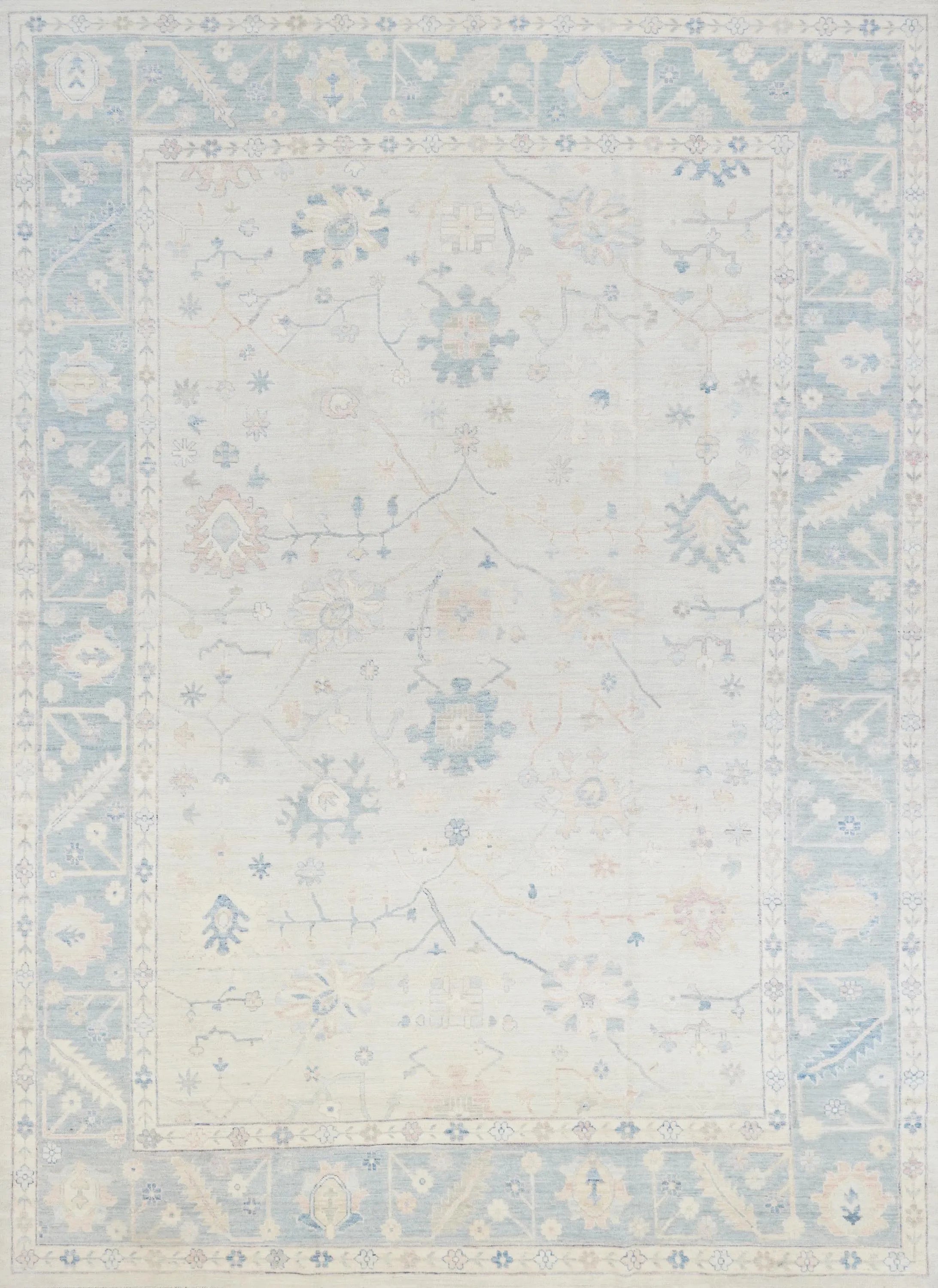 10x14 Ft Blue Oushak Rug - Hand Knotted Afghan Rug - Turkish Floral Design