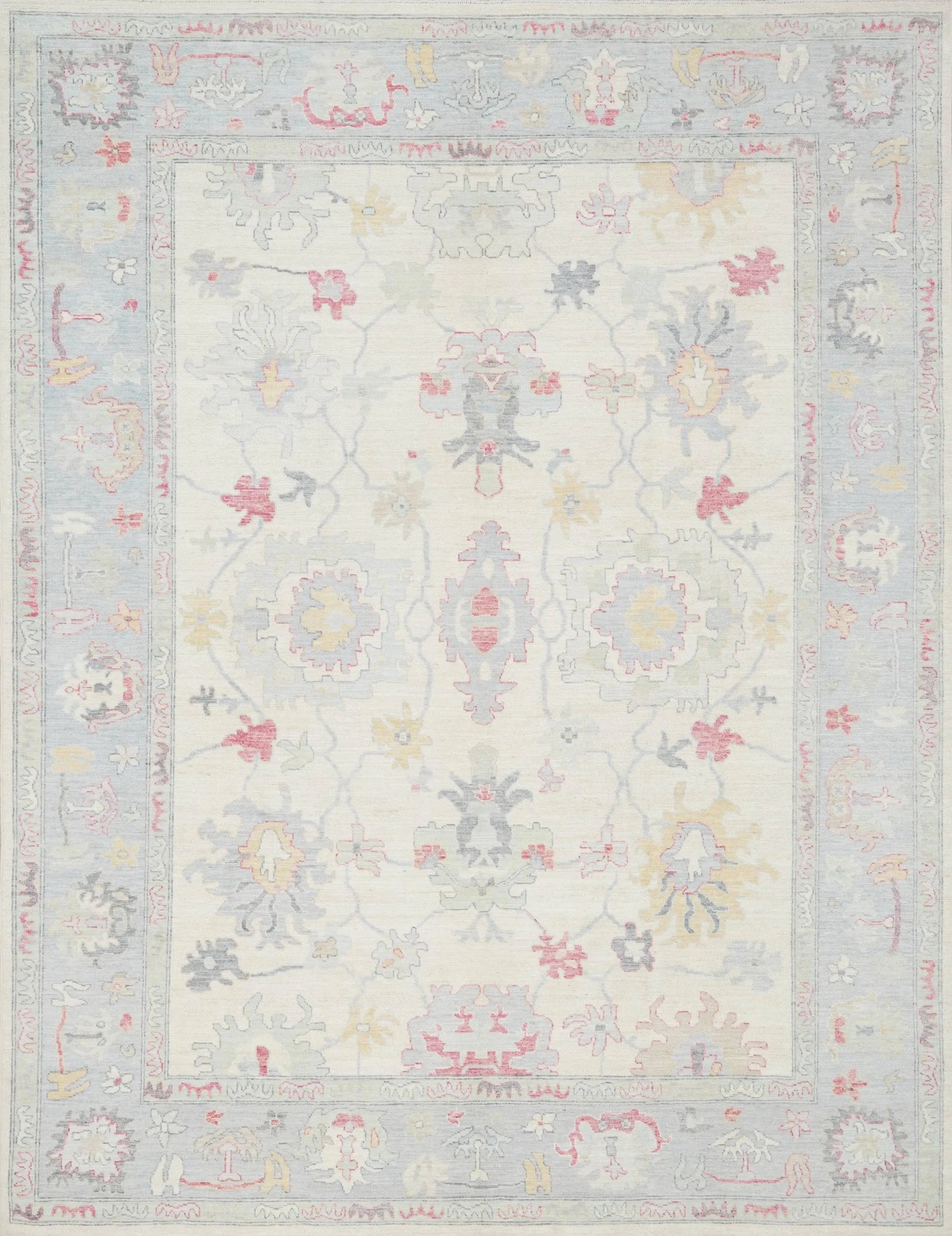 9x12 Ft White Pastel Oushak Rug - Handmade Area Rug - Floral Design