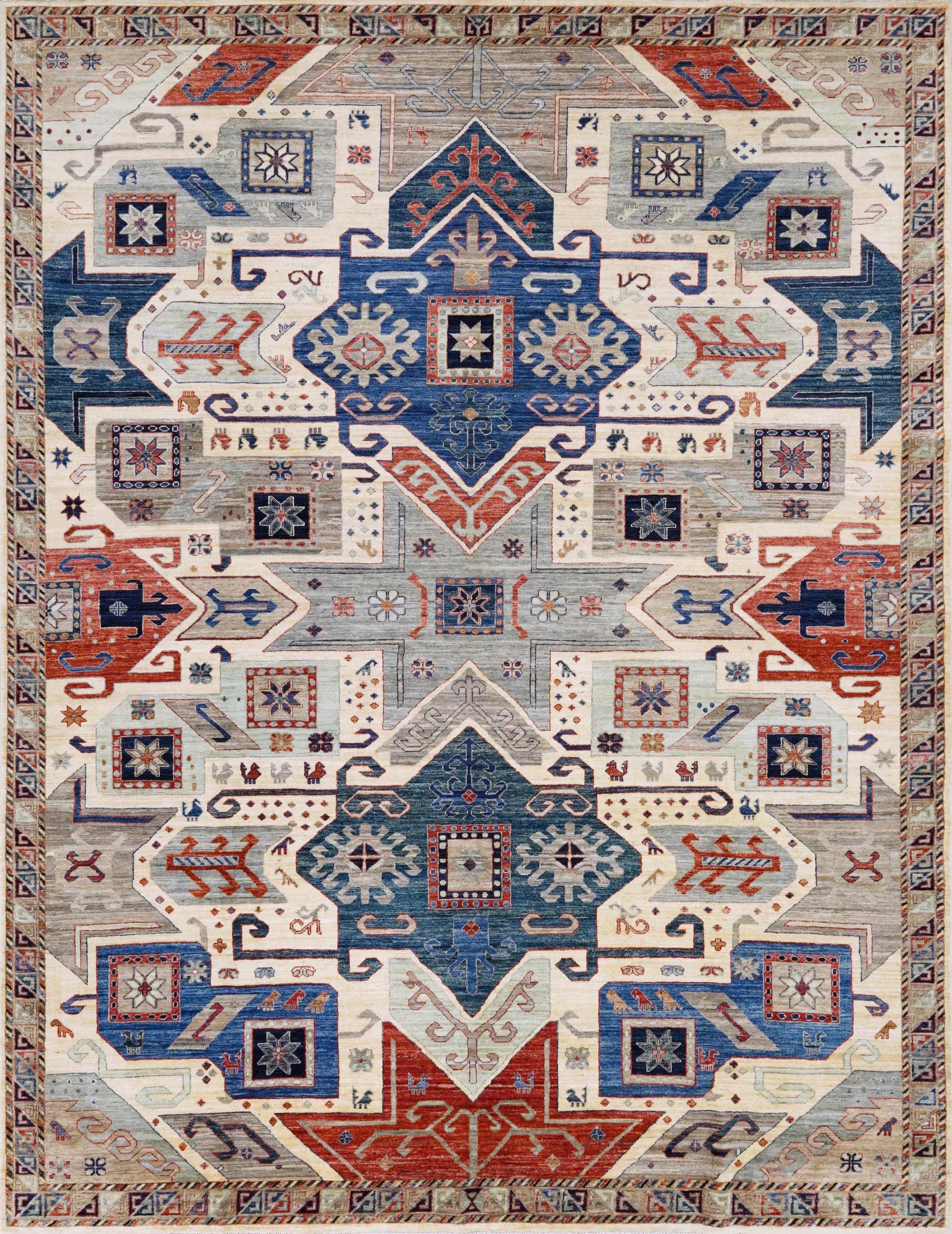 9x12 Ft Beige Heriz Rug - Afghan Oriental Area Rug - Geometric Design