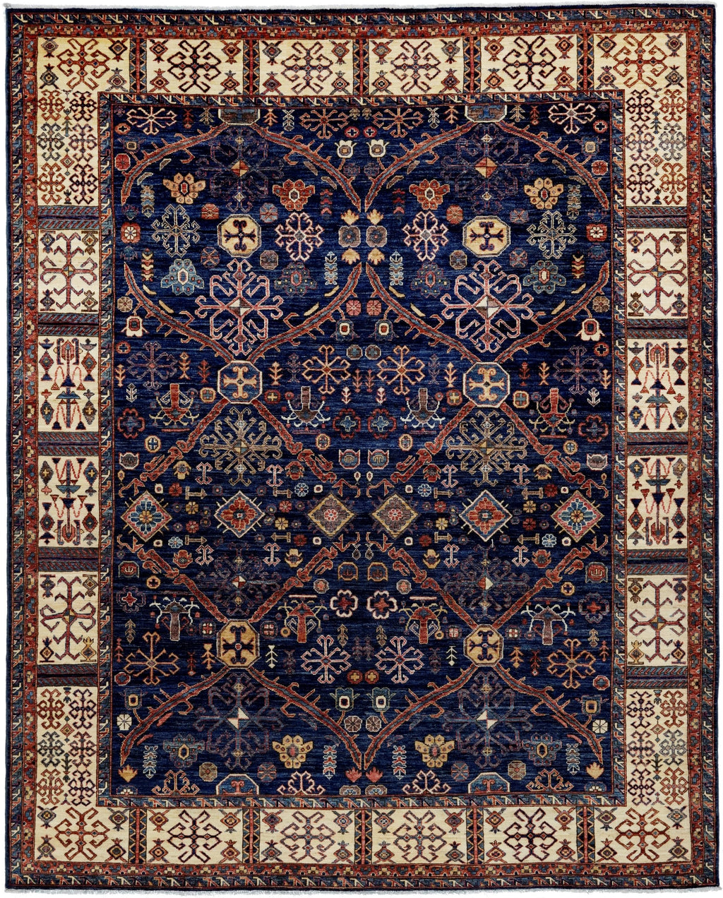 8x10 Ft Blue & Beige Heriz Rug - Hand Knotted Oriental Wool Rug