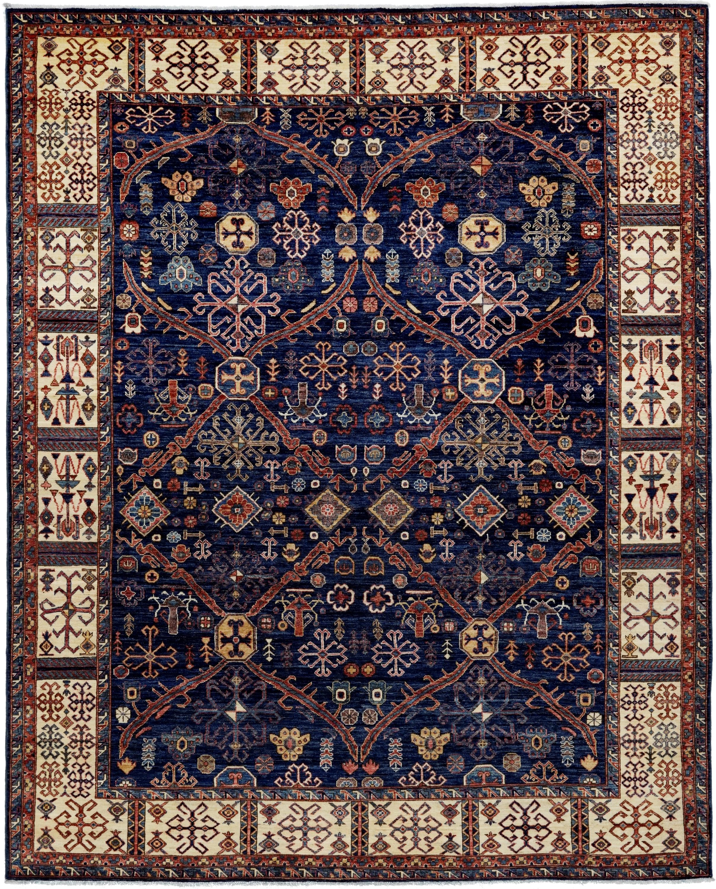 8x10 Ft Blue & Beige Heriz Rug - Hand Knotted Oriental Wool Rug