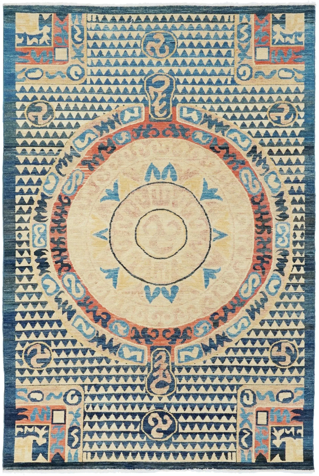 6x9 Ft Antique Tibetan Rug - Beige & Blue Chinese Design