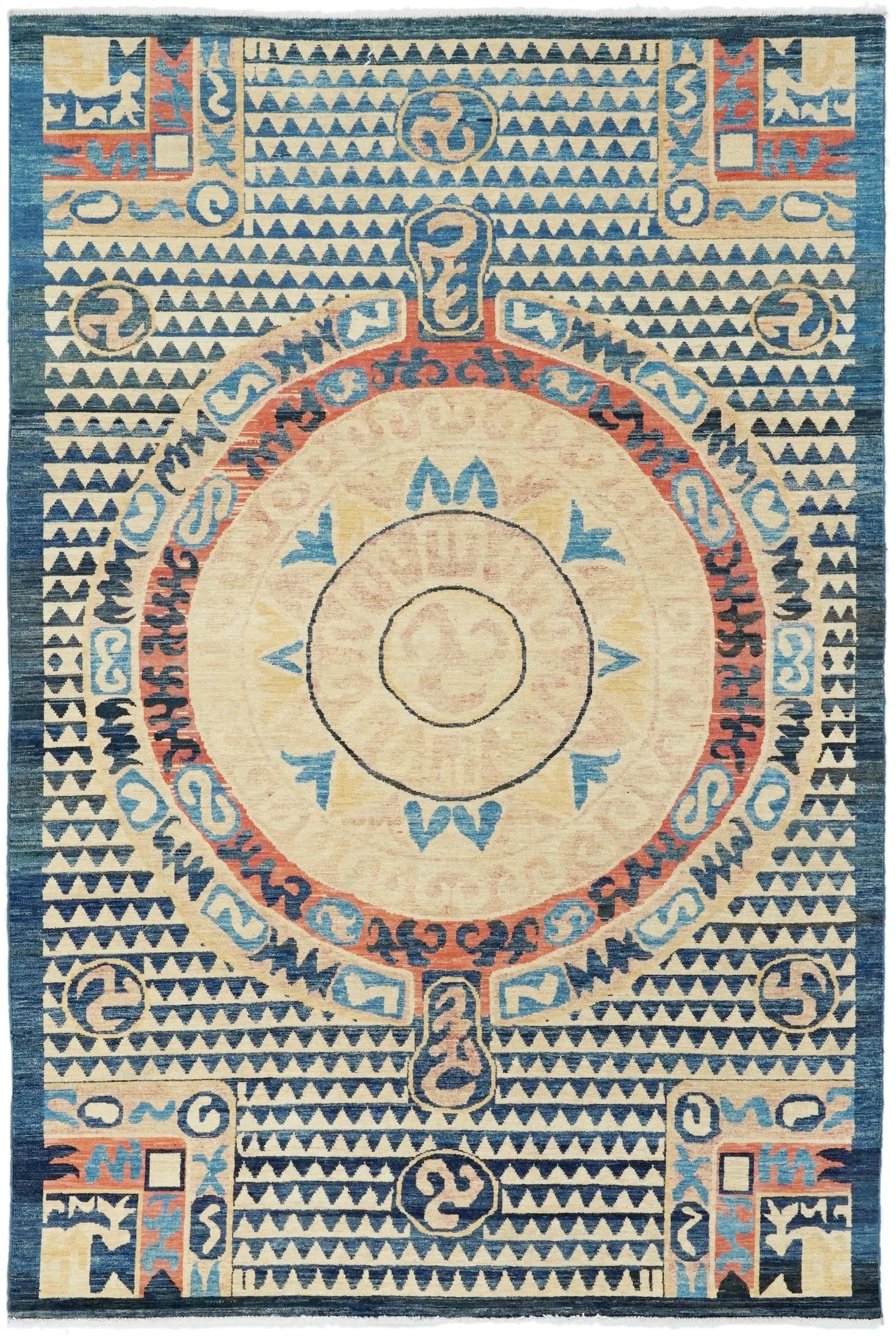6x9 Ft Antique Tibetan Rug - Beige & Blue Chinese Design
