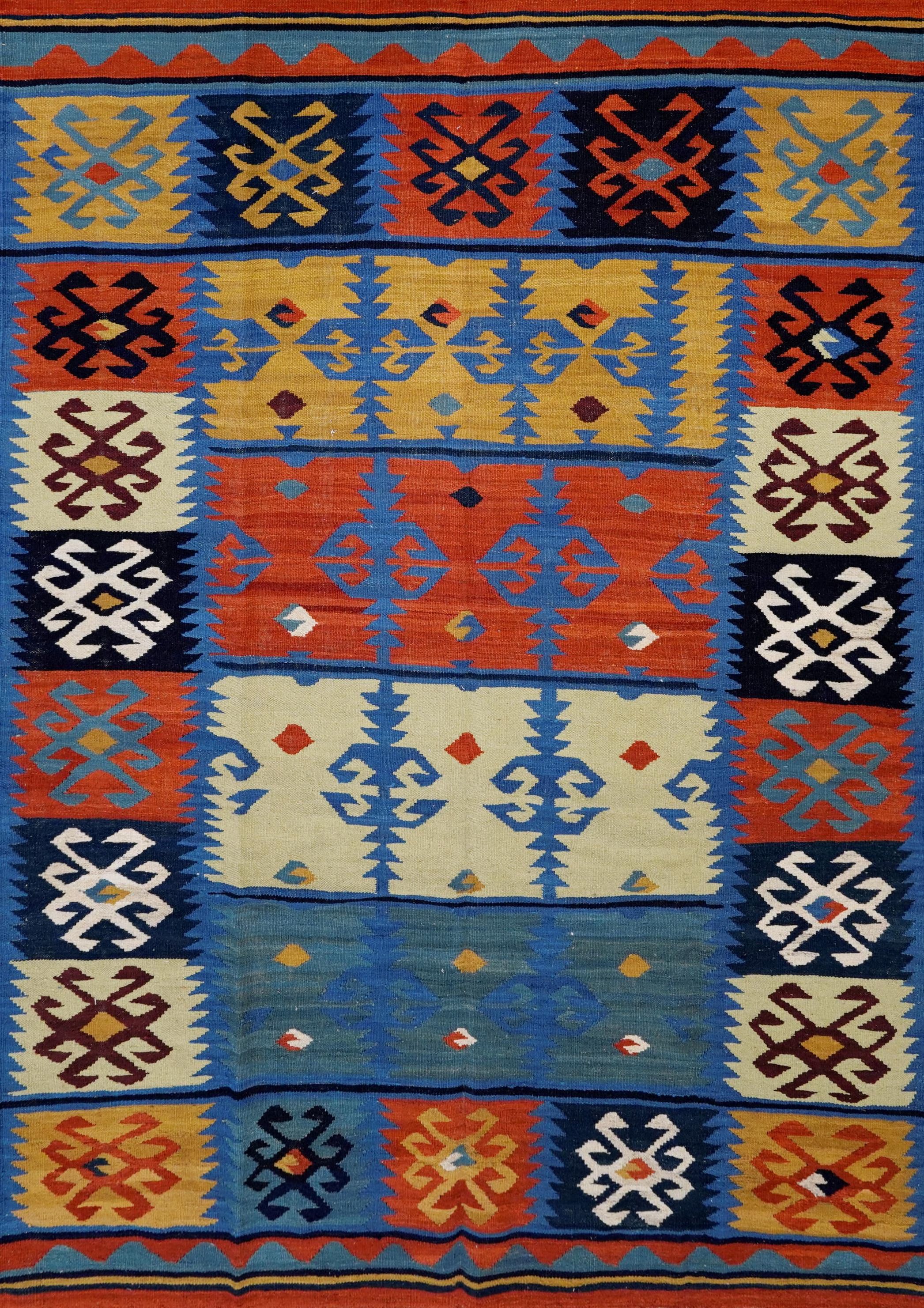 6x9 Ft Red & Blue Maimana Kilim Rug - Hand Knotted Wool Tribal Rug