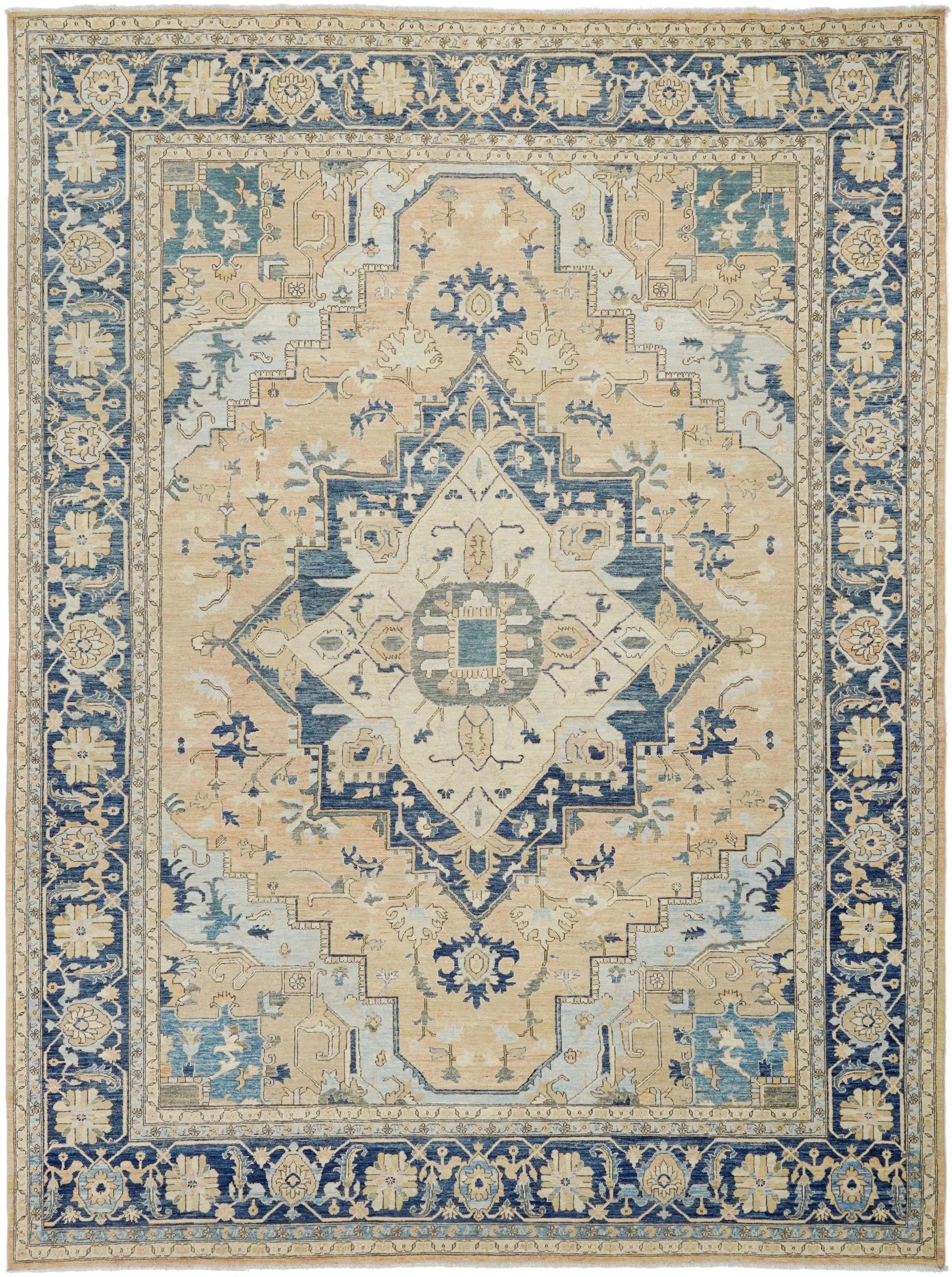 10x14 Ft Blue & Orange Heriz Rug - Hand Knotted Antique Rug